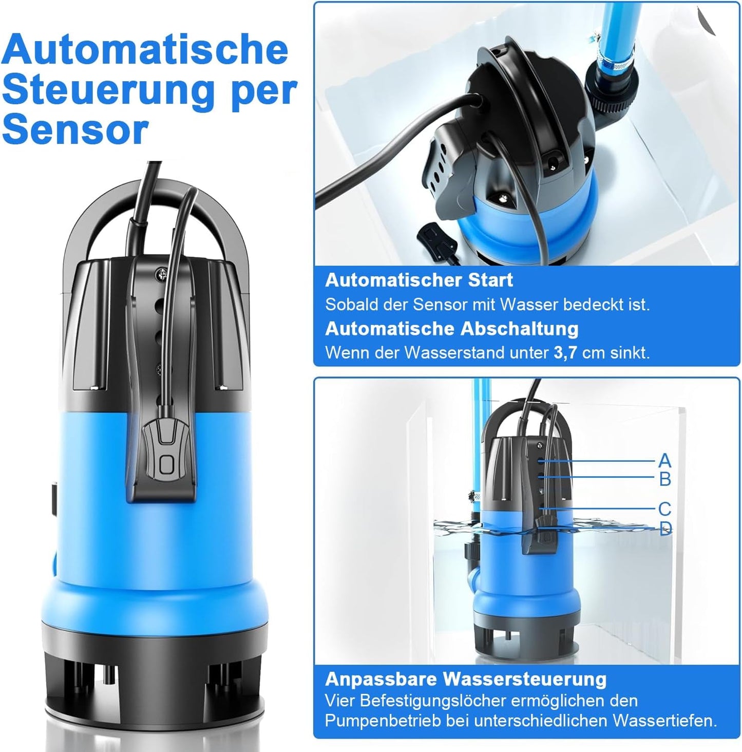 FOTING Schmutzwassertauchpumpe 750 W, 19.500 l/h, Förderhöhe bis 8 m.