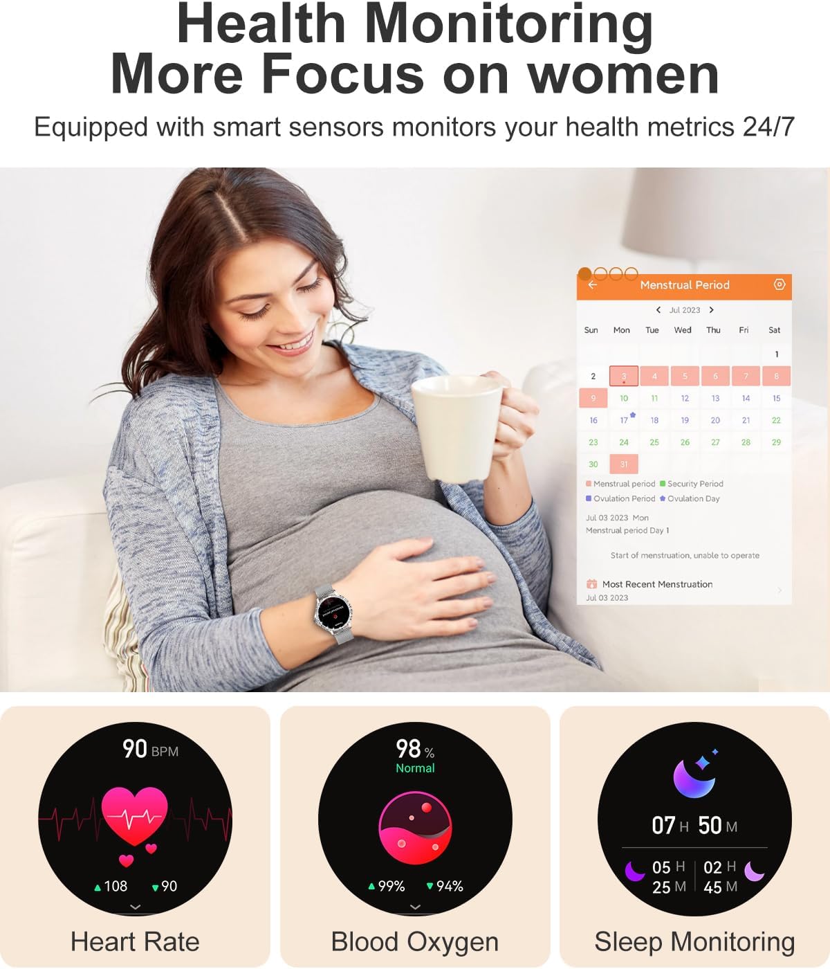 Fitoncloud NX19 Smartwatch Damen, 1,3" HD Touchscreen Fitness Tracker IP68 iOS Android Silber
