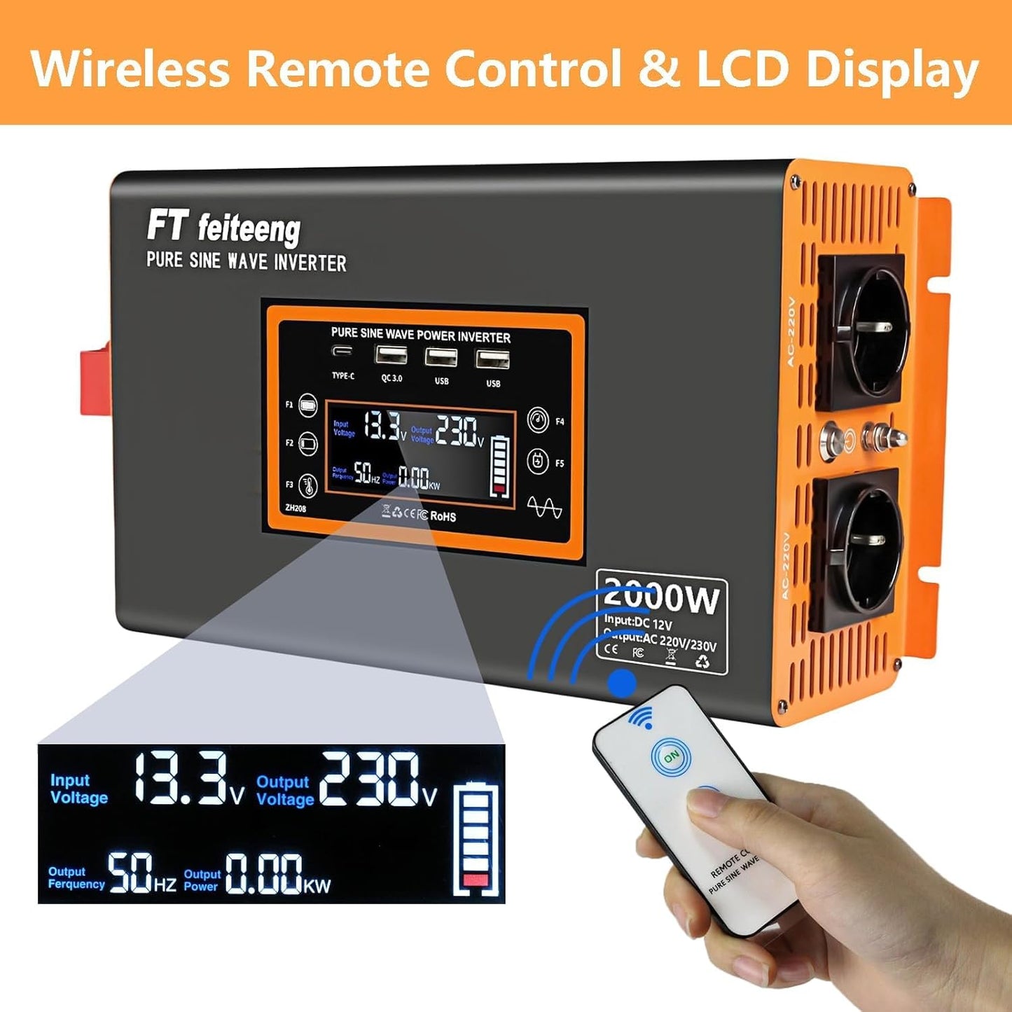 FT feiteeng 2000W/4000W Wechselrichter 12V auf 230V Reiner Sinus,30W USB-C