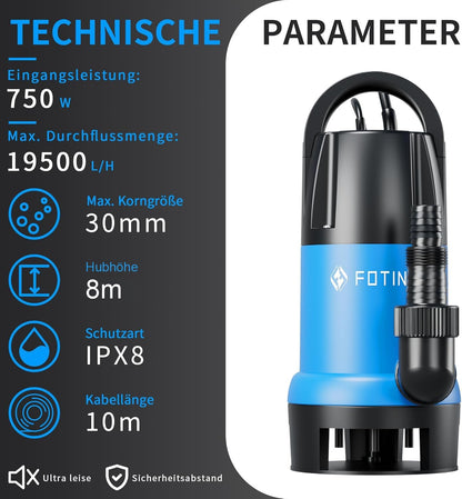 FOTING Schmutzwassertauchpumpe 750 W, 19.500 l/h, Förderhöhe bis 8 m.