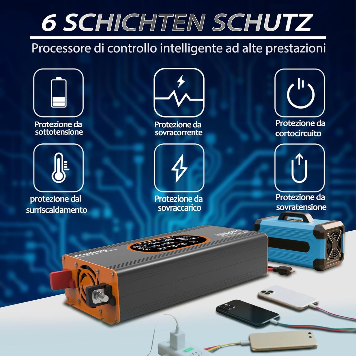 FT Feiteeng Wechselrichter 2000W 12V auf 230V Reine Sinuswelle Spannungswandler LCD Display