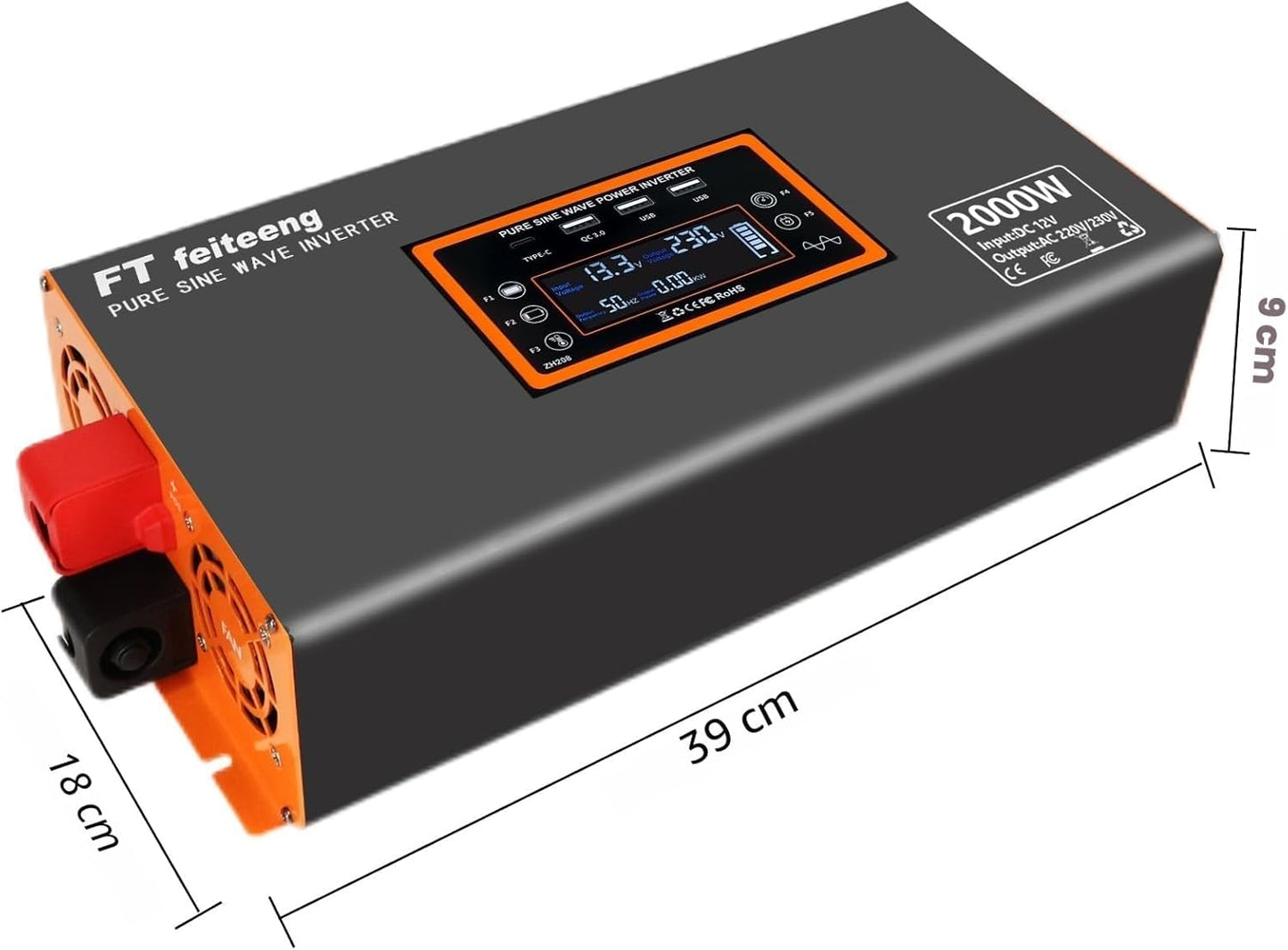 FT feiteeng 2000W/4000W Wechselrichter 12V auf 230V Reiner Sinus,30W USB-C