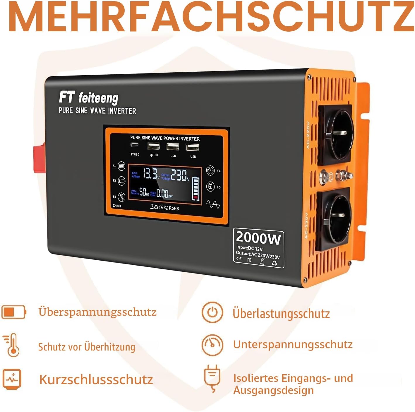 FT feiteeng 2000W/4000W Wechselrichter 12V auf 230V Reiner Sinus,30W USB-C