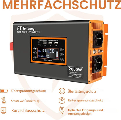 FT feiteeng 2000W/4000W Wechselrichter 12V auf 230V Reiner Sinus,30W USB-C