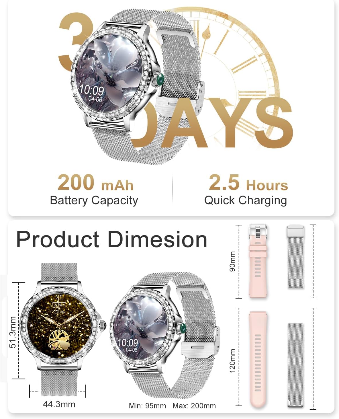 Fitoncloud NX19 Smartwatch Damen, 1,3" HD Touchscreen Fitness Tracker IP68 iOS Android Silber