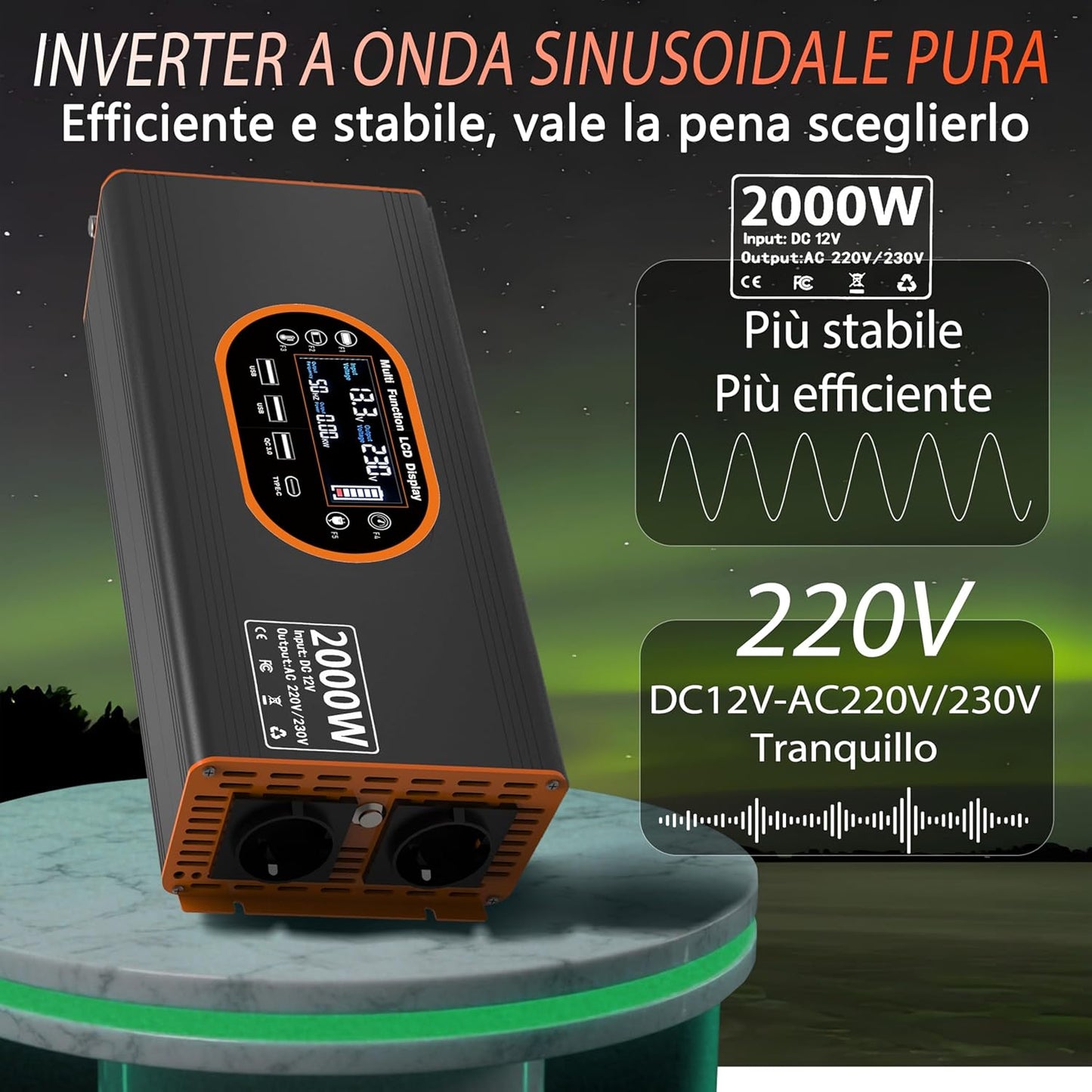 FT Feiteeng Wechselrichter 2000W 12V auf 230V Reine Sinuswelle Spannungswandler LCD Display