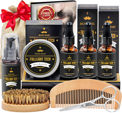FULLLIGHT TECH Bart-Set für Männer, Fellpflege und Pflege, mit 3 Stück, Bartöl, Waschen, Balsam, Kamm, Bürste, Schere