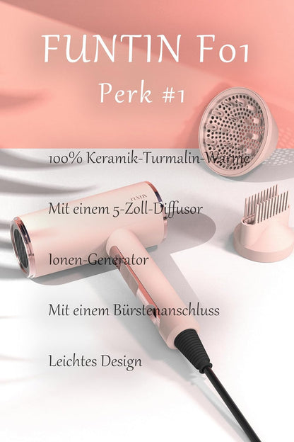 FUNTIN Haartrockner 2200W Föhn mit einem 5 zoll diffusor rosa