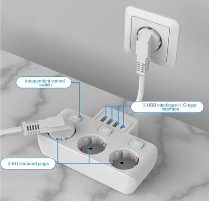 Fivtsme 7-in-1-Steckdosenleiste mit USB, 3 AC-Steckdosen mit 4 USB-Anschlüssen