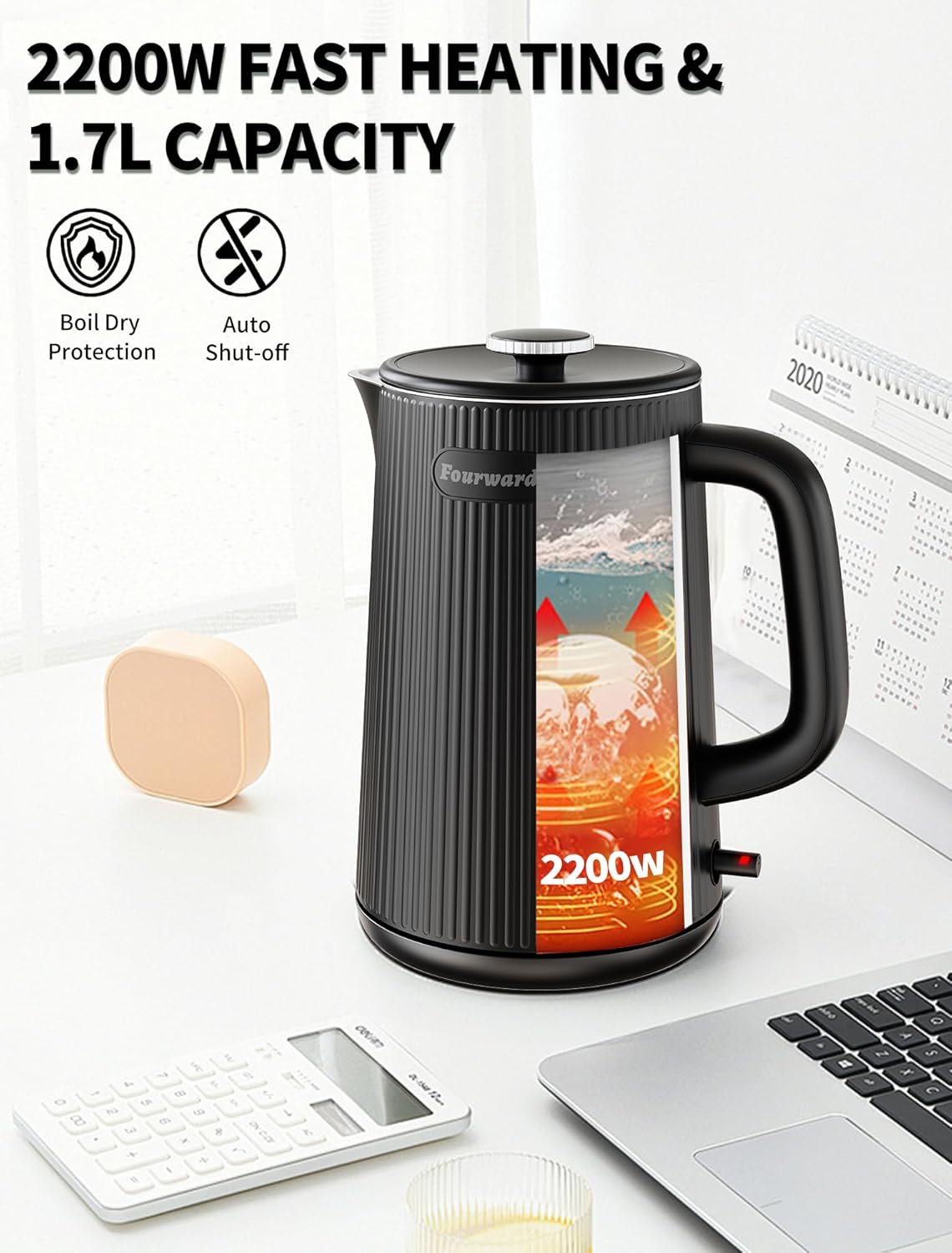 Fourward Wasserkocher - Edelstahl Kettle mit 1,7L Fassungsvermögen, 2200W Schwarz