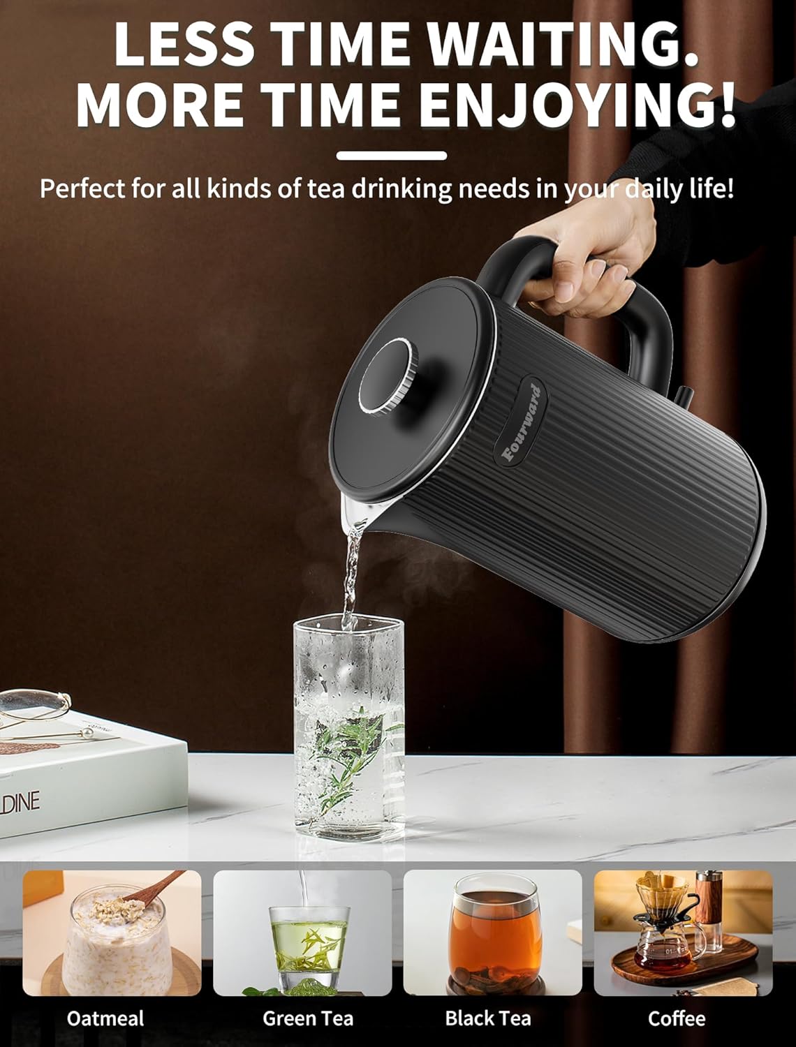 Fourward Wasserkocher - Edelstahl Kettle mit 1,7L Fassungsvermögen, 2200W Schwarz