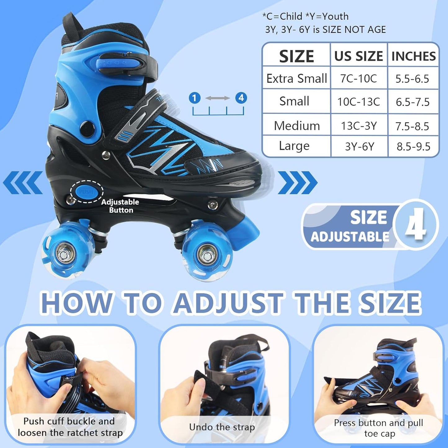 FYHART Kinder-Rollschuhe für Kinder,  Inline-Skates, Medium, Blau, verstellbare Kinder-Rollschuhe mit Leuchtrollen