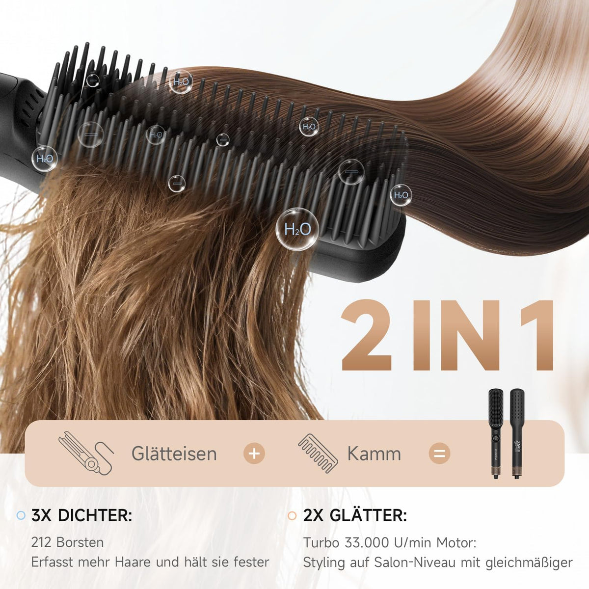 FLYZEEMA 2 in 1 Glättbürste  glättet Frizz und verleiht Glanz Ionen  7 Temp. Schwarz