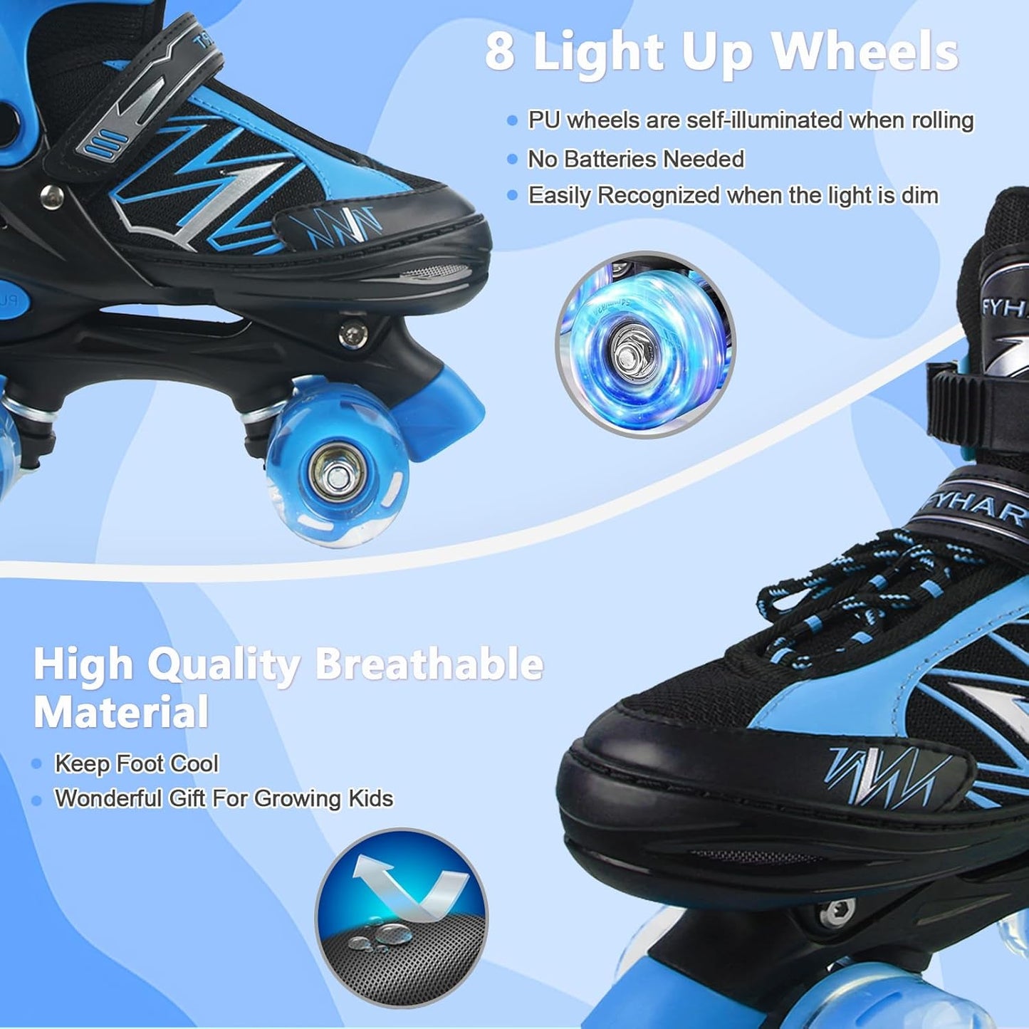 FYHART Kinder-Rollschuhe für Kinder,  Inline-Skates, Medium, Blau, verstellbare Kinder-Rollschuhe mit Leuchtrollen