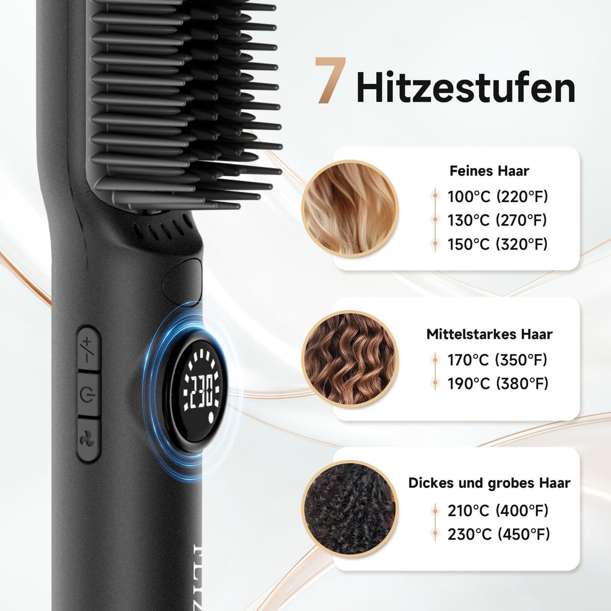FLYZEEMA 2 in 1 Glättbürste  glättet Frizz und verleiht Glanz Ionen  7 Temp. Schwarz
