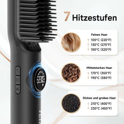 FLYZEEMA 2 in 1 Glättbürste  glättet Frizz und verleiht Glanz Ionen  7 Temp. Schwarz