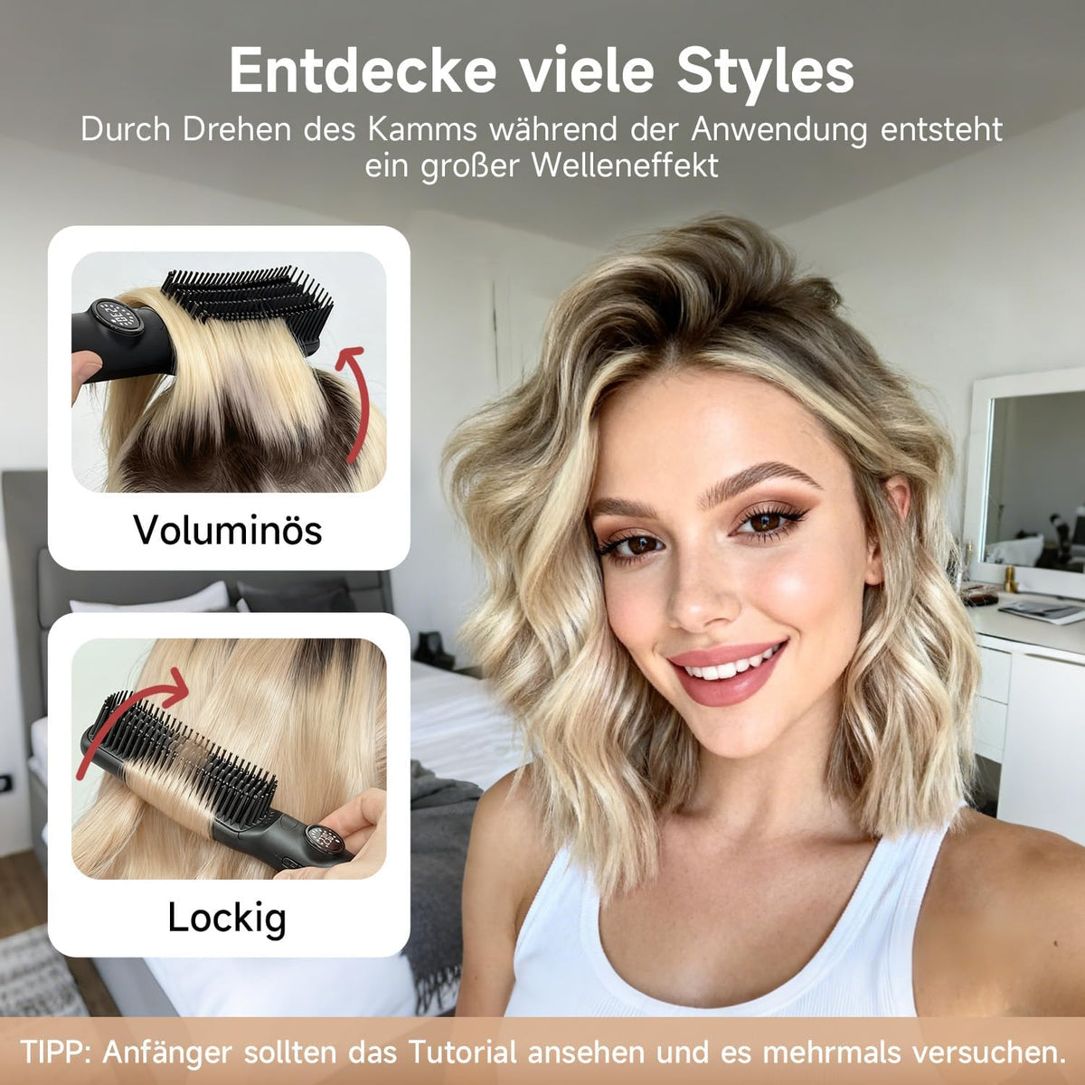 FLYZEEMA 2 in 1 Glättbürste  glättet Frizz und verleiht Glanz Ionen  7 Temp. Schwarz