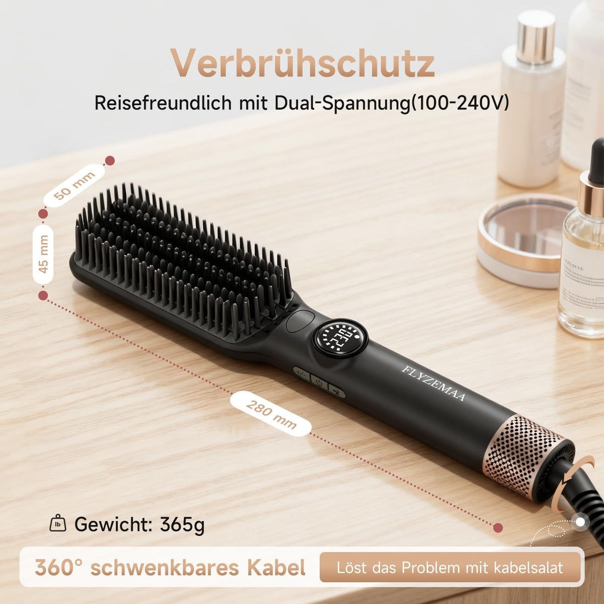 FLYZEEMA 2 in 1 Glättbürste  glättet Frizz und verleiht Glanz Ionen  7 Temp. Schwarz