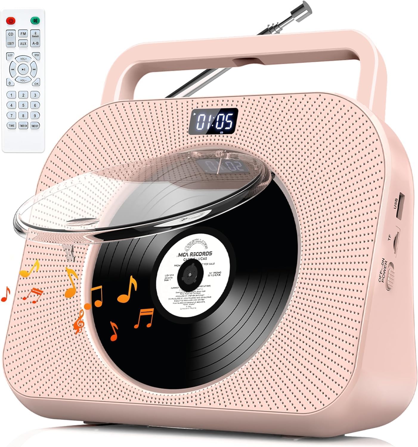 Gracioso Desktop-CD-Player mit zwei Lautsprechern, FM-Radio, Bluetooth, Fernbedienung,Rosa