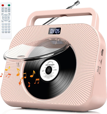 Gracioso Desktop-CD-Player mit zwei Lautsprechern, FM-Radio, Bluetooth, Fernbedienung,Rosa