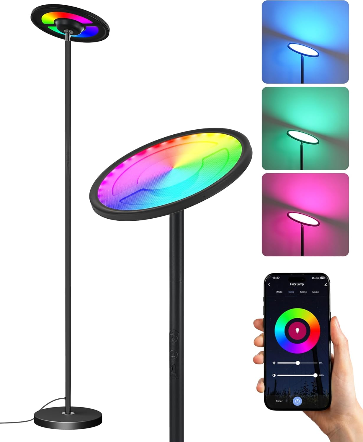 Goebleson RGB Stehlampe mit APP- und Sprachsteuerung, Komp. mit Alexa Dimmbare WLAN Standleuchte Schwarz