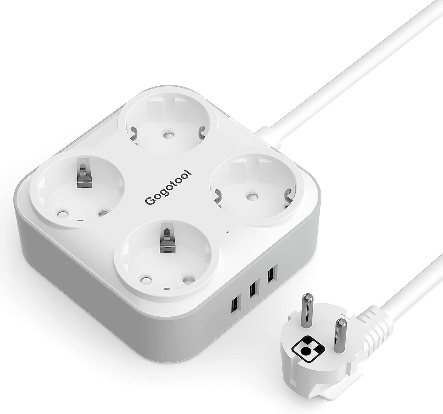 Gogotool Mehrfachsteckdose mit 4 Steckdosen und 3 USB-Anschlüssen , 7-in-1-Steckeradapter mit flexiblem Kabel , (Weiß)
