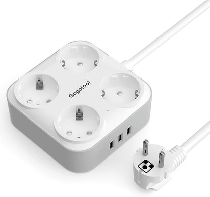 Gogotool Mehrfachsteckdose mit 4 Steckdosen und 3 USB-Anschlüssen , 7-in-1-Steckeradapter mit flexiblem Kabel , (Weiß)