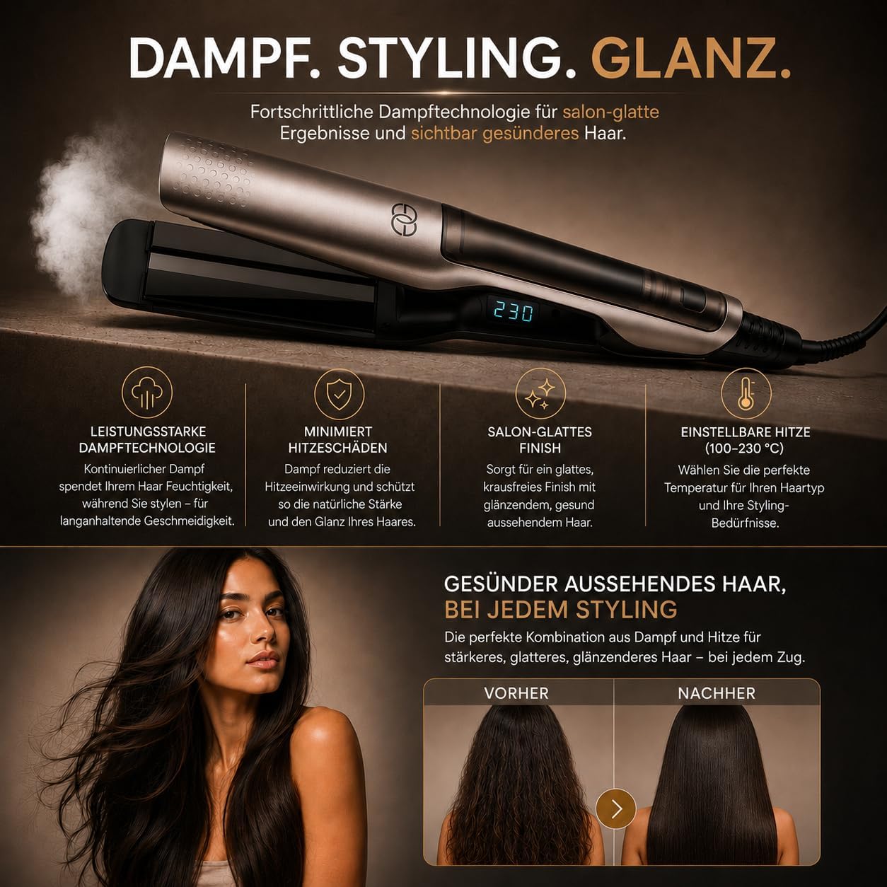 Golden Goods Steampod Glätteisen Locken Lockenstab und Glätteisen 2-in-1 42mm