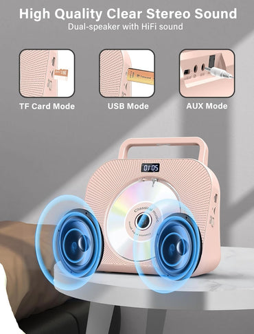 Gracioso Desktop-CD-Player mit zwei Lautsprechern, FM-Radio, Bluetooth, Fernbedienung,Rosa