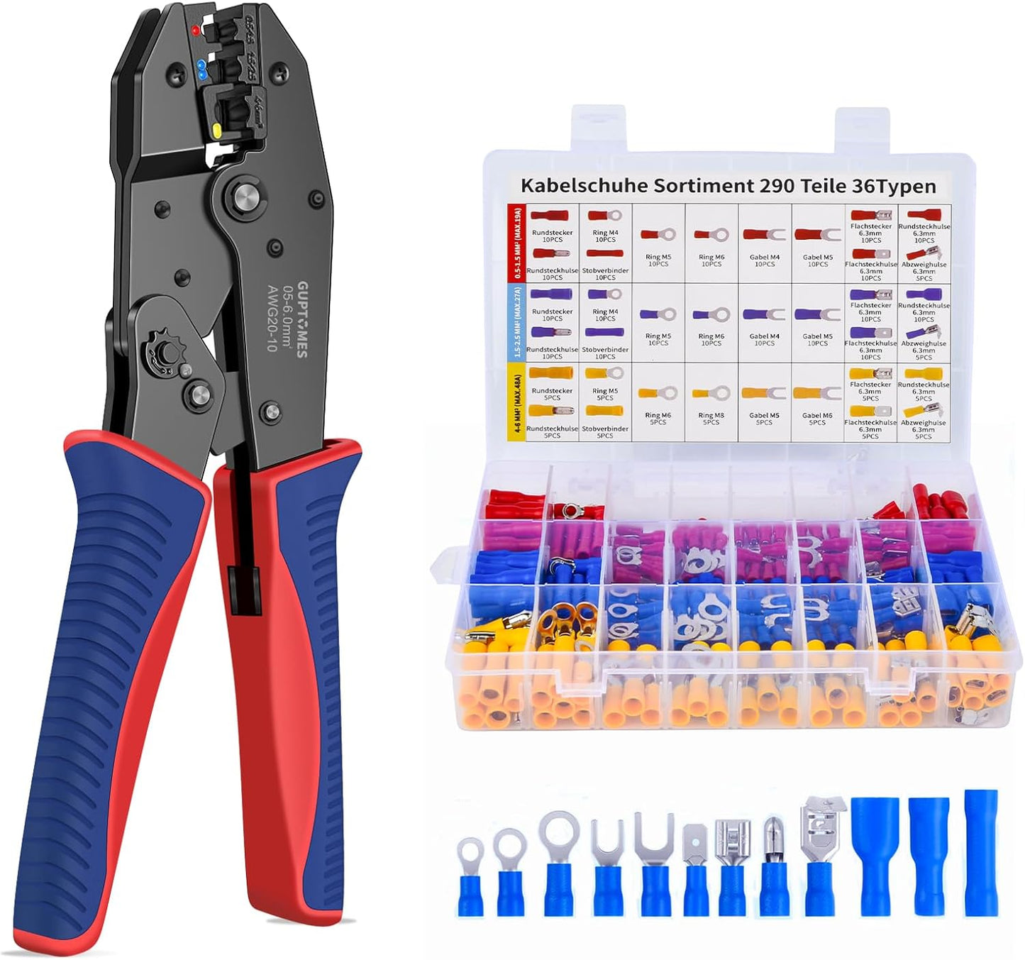 GUPTOMES Crimpzange, 36 Arten Kabelschuhe Set, Crimping Pliers, Crimpzangen-Aderendhülsen-Set with 290 Insulated Cable Lugs Tool Kit 0.5-6 mm² (AWG 20-10)