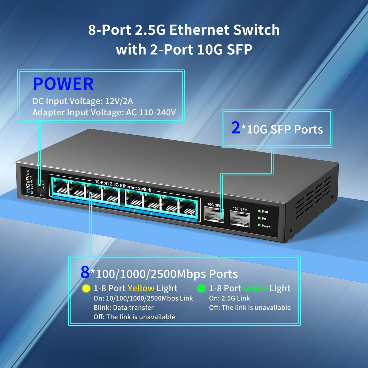 GigaPlus 10 Port 2.5Gb Unmanaged Ethernet Switch mit 8* 2.5G Base-T Ports
