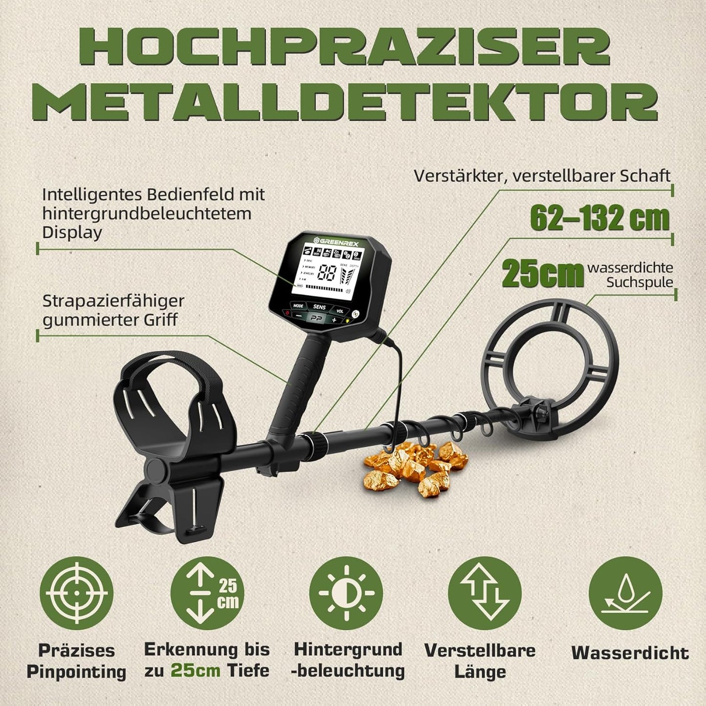 GreenRex Metalldetektor Profi 10-Zoll IP68 Wasserdichte  LCD-Display