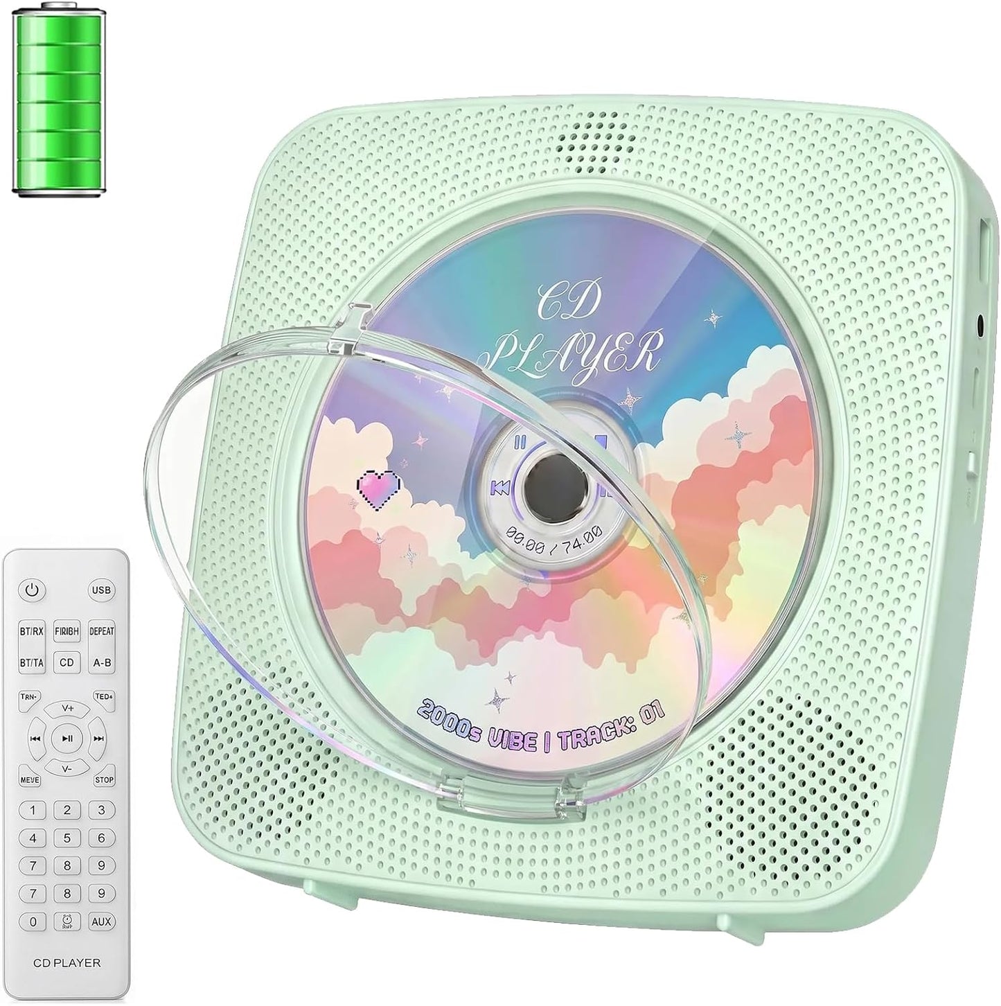 Gueray Tragbarer CD-Player mit Bluetooth-Wandmontage, 1804 mAh,Grün