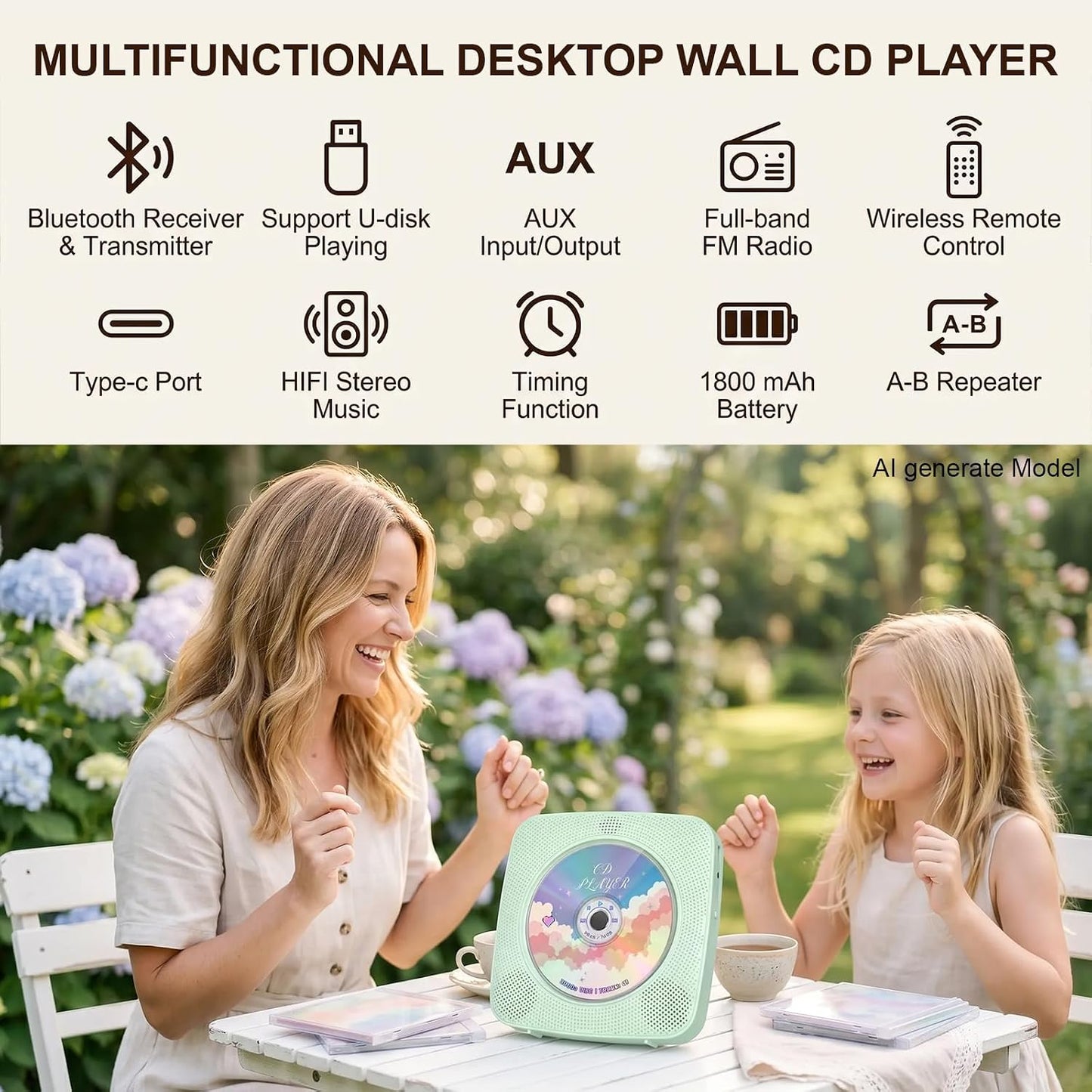 Gueray Tragbarer CD-Player mit Bluetooth-Wandmontage, 1804 mAh,Grün