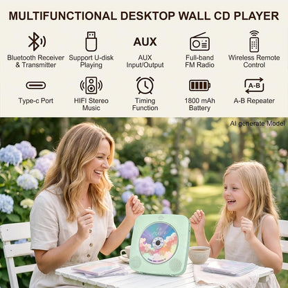 Gueray Tragbarer CD-Player mit Bluetooth-Wandmontage, 1804 mAh,Grün