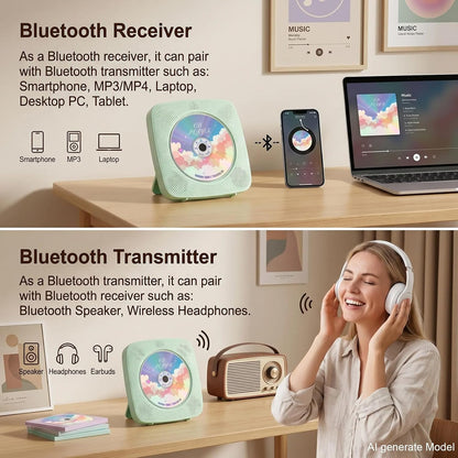 Gueray Tragbarer CD-Player mit Bluetooth-Wandmontage, 1804 mAh,Grün