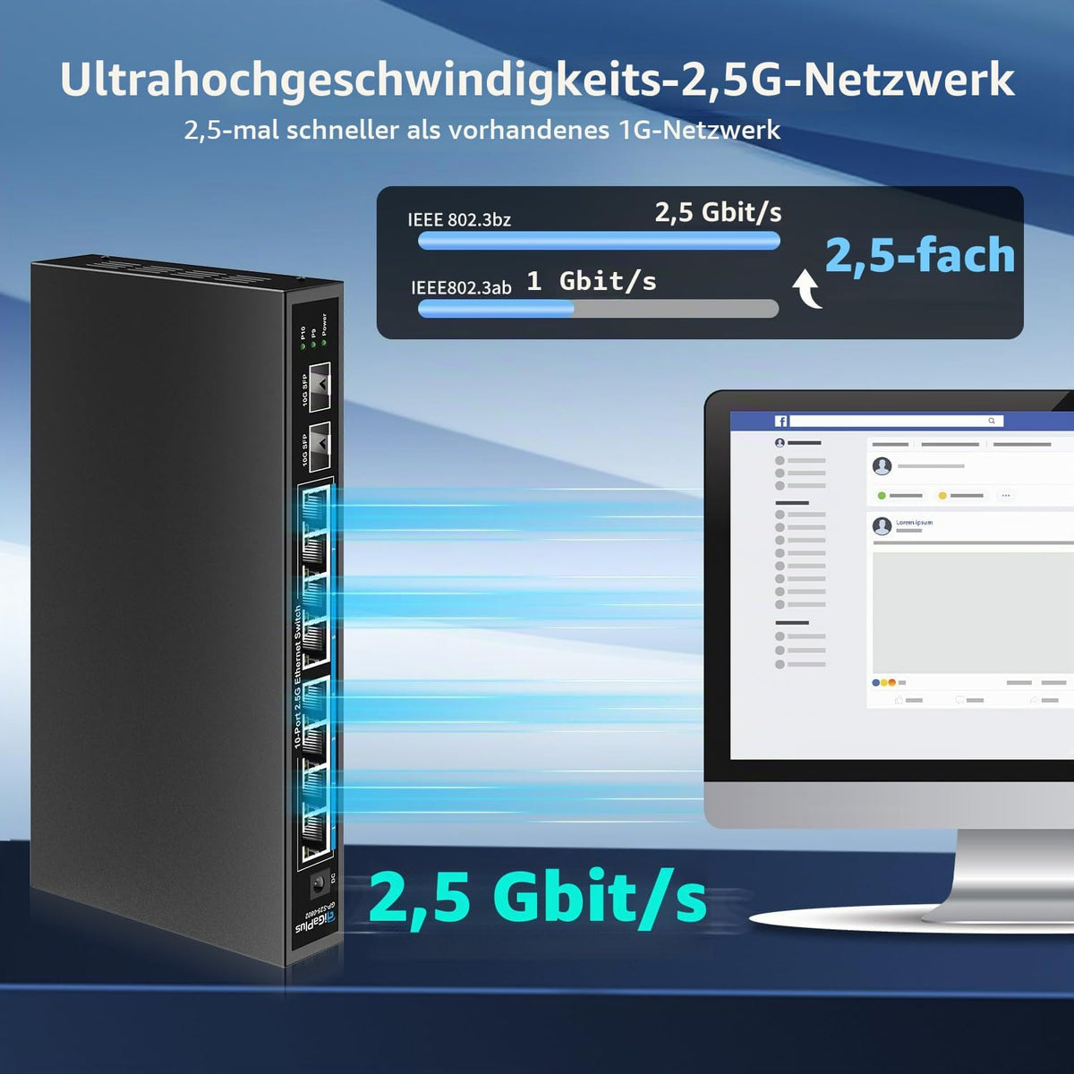 GigaPlus 10 Port 2.5Gb Unmanaged Ethernet Switch mit 8* 2.5G Base-T Ports