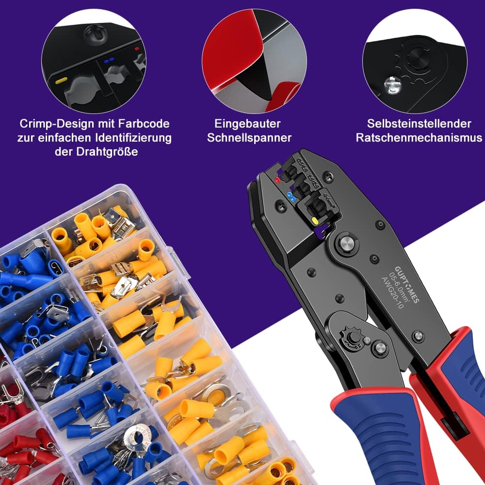GUPTOMES Crimpzange, 36 Arten Kabelschuhe Set, Crimping Pliers, Crimpzangen-Aderendhülsen-Set with 290 Insulated Cable Lugs Tool Kit 0.5-6 mm² (AWG 20-10)