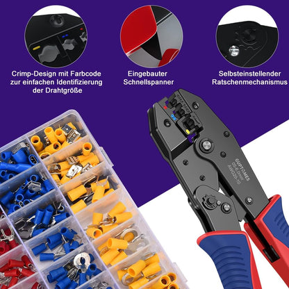 GUPTOMES Crimpzange, 36 Arten Kabelschuhe Set, Crimping Pliers, Crimpzangen-Aderendhülsen-Set with 290 Insulated Cable Lugs Tool Kit 0.5-6 mm² (AWG 20-10)