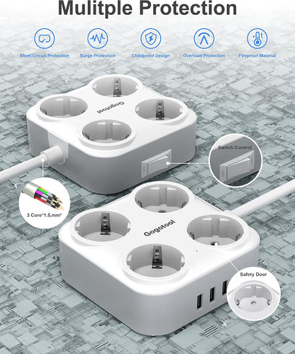 Gogotool Mehrfachsteckdose mit 4 Steckdosen und 3 USB-Anschlüssen , 7-in-1-Steckeradapter mit flexiblem Kabel , (Weiß)