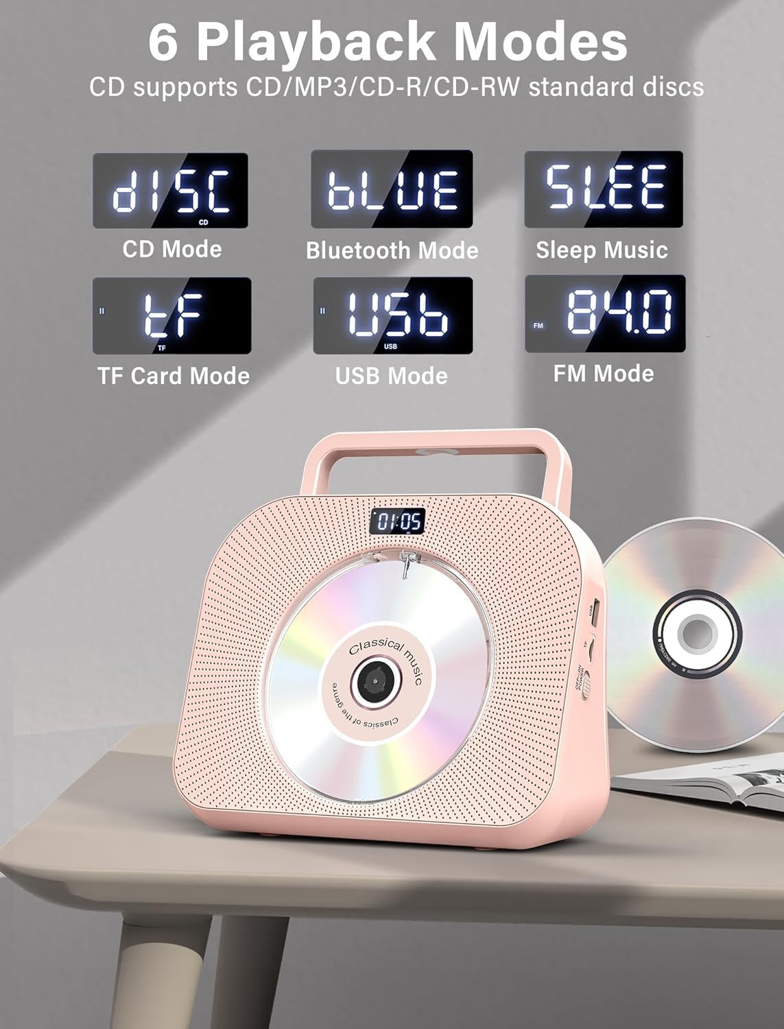 Gracioso Desktop-CD-Player mit zwei Lautsprechern, FM-Radio, Bluetooth, Fernbedienung,Rosa