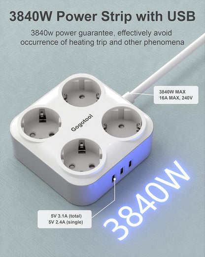 Gogotool Mehrfachsteckdose mit 4 Steckdosen und 3 USB-Anschlüssen , 7-in-1-Steckeradapter mit flexiblem Kabel , (Weiß)