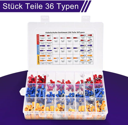 GUPTOMES Crimpzange, 36 Arten Kabelschuhe Set, Crimping Pliers, Crimpzangen-Aderendhülsen-Set with 290 Insulated Cable Lugs Tool Kit 0.5-6 mm² (AWG 20-10)