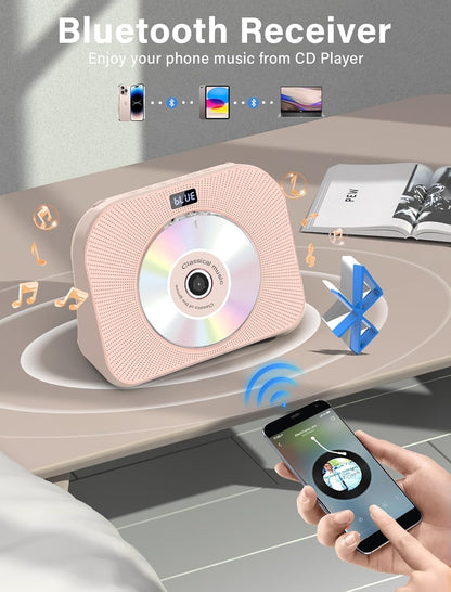 Gracioso Desktop-CD-Player mit zwei Lautsprechern, FM-Radio, Bluetooth, Fernbedienung,Rosa