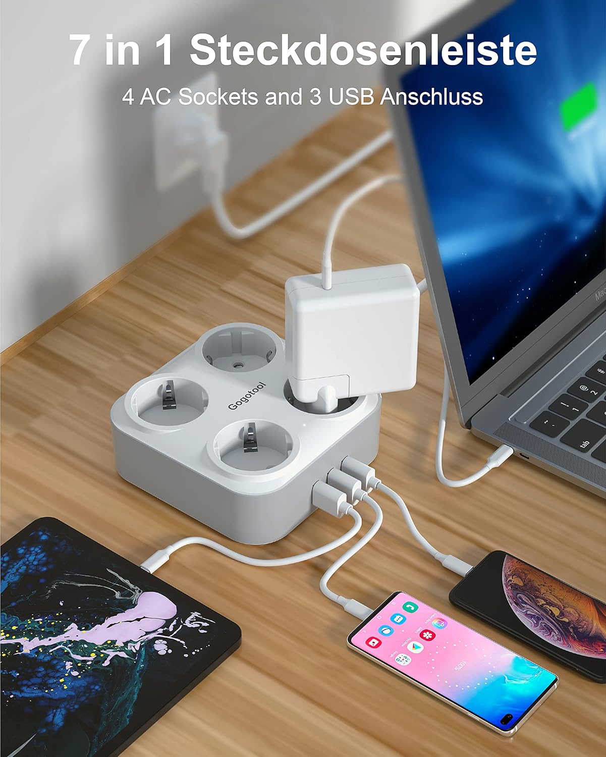 Gogotool Mehrfachsteckdose mit 4 Steckdosen und 3 USB-Anschlüssen , 7-in-1-Steckeradapter mit flexiblem Kabel , (Weiß)