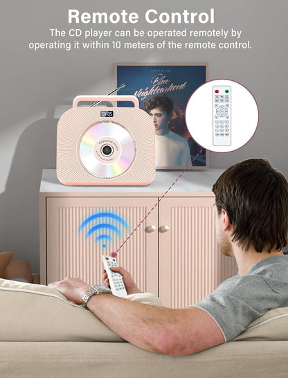 Gracioso Desktop-CD-Player mit zwei Lautsprechern, FM-Radio, Bluetooth, Fernbedienung,Rosa