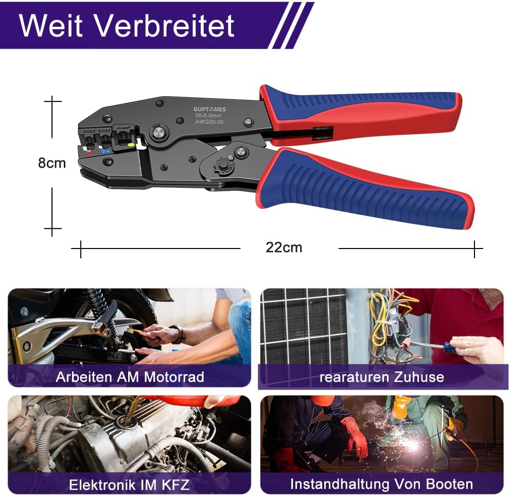 GUPTOMES Crimpzange, 36 Arten Kabelschuhe Set, Crimping Pliers, Crimpzangen-Aderendhülsen-Set with 290 Insulated Cable Lugs Tool Kit 0.5-6 mm² (AWG 20-10)