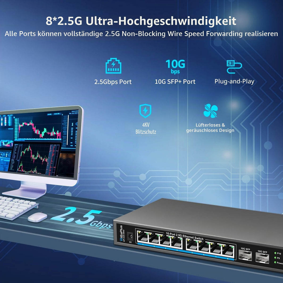 GigaPlus 10 Port 2.5Gb Unmanaged Ethernet Switch mit 8* 2.5G Base-T Ports
