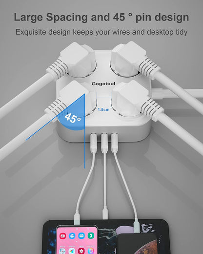 Gogotool Mehrfachsteckdose mit 4 Steckdosen und 3 USB-Anschlüssen , 7-in-1-Steckeradapter mit flexiblem Kabel , (Weiß)