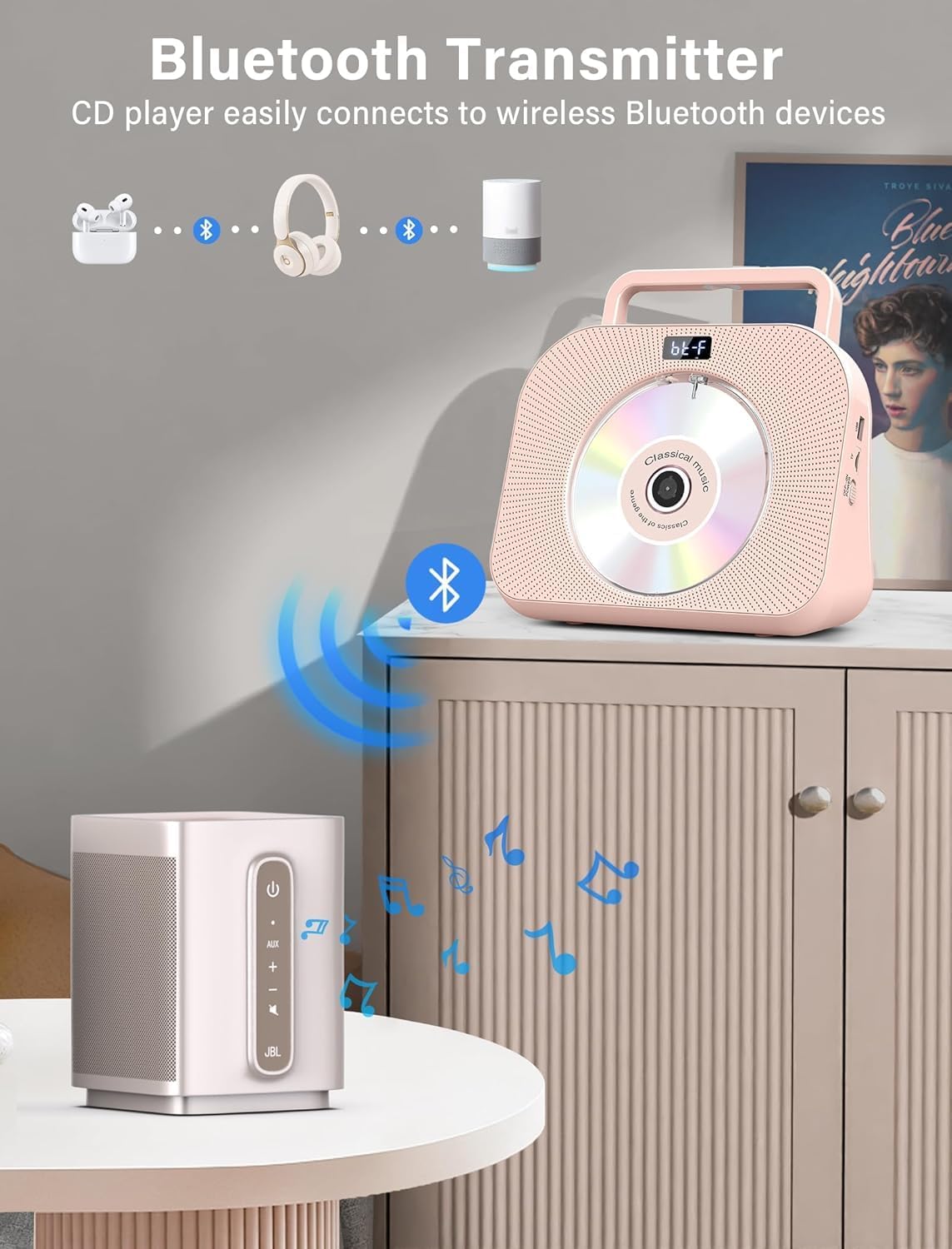 Gracioso Desktop-CD-Player mit zwei Lautsprechern, FM-Radio, Bluetooth, Fernbedienung,Rosa